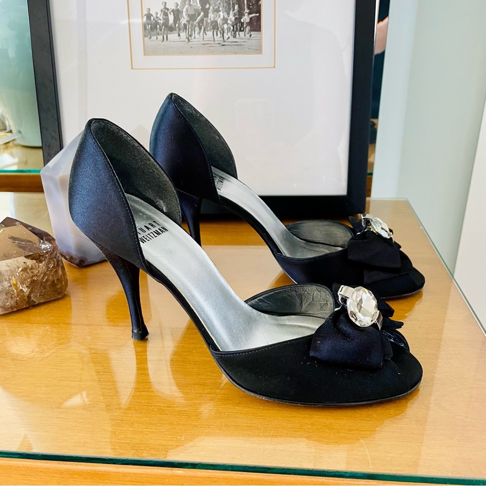 Stuart Weitzman Vintage Satin D’orsay 3 1/2” Heels with Crystal Accent
